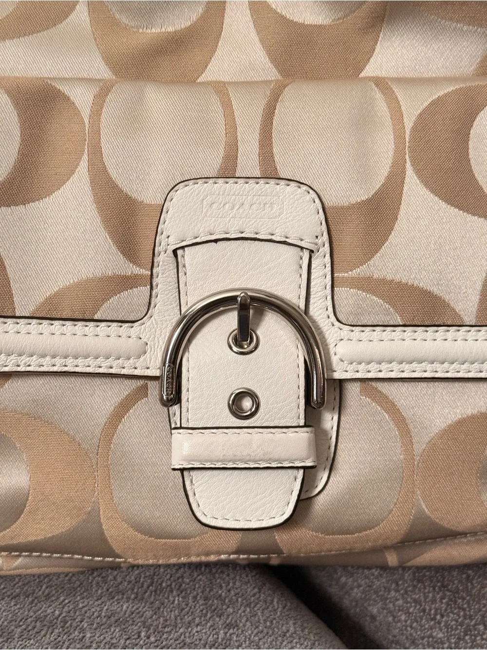 Coach Signature Beige Canvas Shoulder Bag with Cream Leather Trim